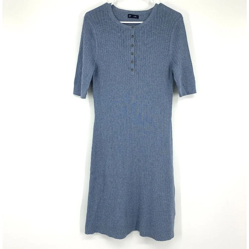 Gap Sweater Dress Ribbed Knit Henley Button Down Blue Short Sleeve